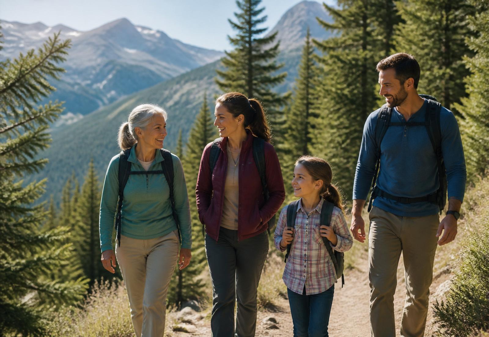 A multigenerational family hiking together on a mountain trail with evergreen trees and peaks in the background.